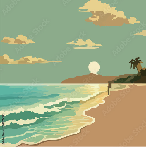 Tropical Beach with Palm Trees and Calm Ocean Landscape Illustration