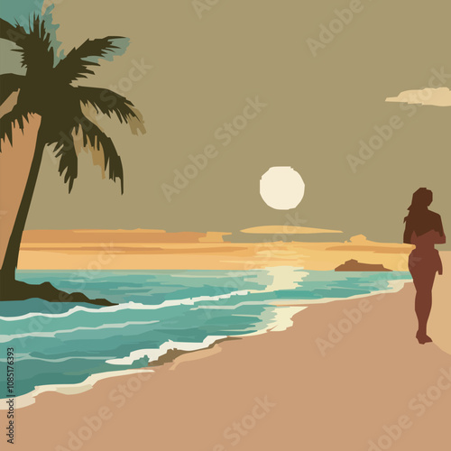 Woman Walking on Tropical Beach at Sunset Illustration