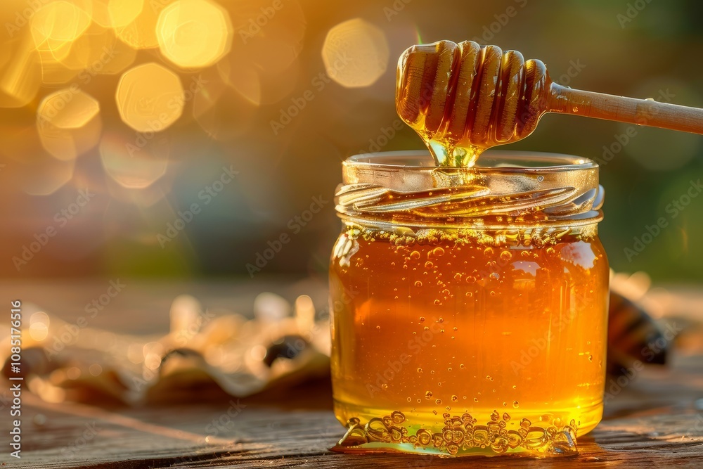 Golden honey pouring from a honey dipper into a jar with a warm sunset bokeh background Golden honey pouring from a honey dipper into a jar with a warm sunset bokeh background