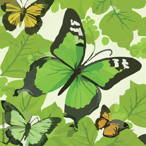 緑の葉の背景と右向きの大きなエメラルドグリーンの蝶 のベクターイラスト
