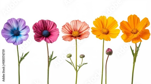 A row of colorful flowers on a white background.