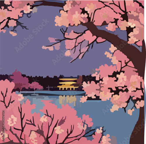 華やかな桜と湖の景色のベクターイラスト