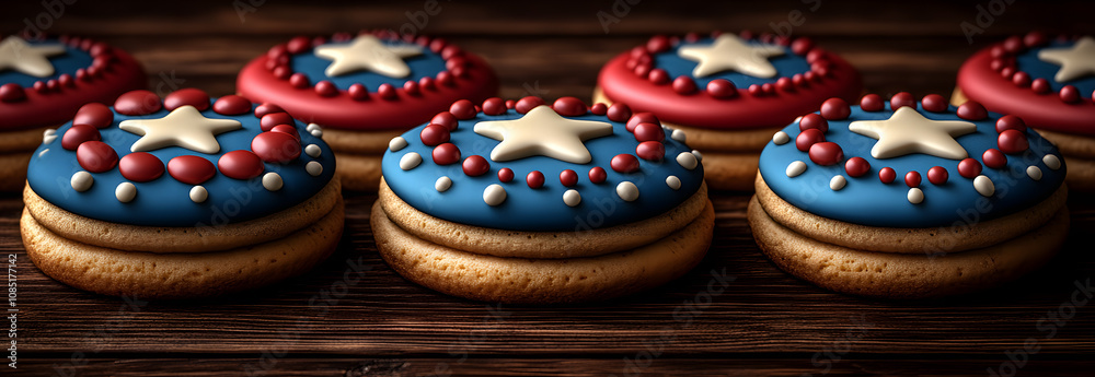Fototapeta premium Cookies with red, white, and blue icing on a wooden surface.