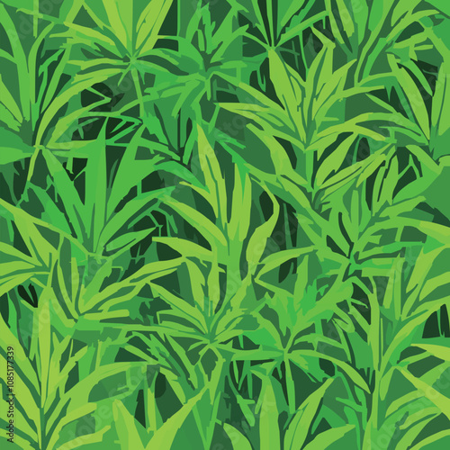 濃い緑色の笹や竹の葉が重なり合う自然のテクスチャ背景のベクターイラスト