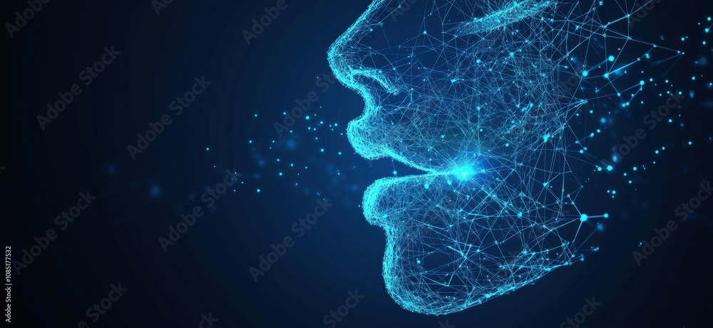 Digital face silhouette, abstract network design, glowing particles, technology representation Digital face silhouette, abstract network design, glowing particles, technology representation