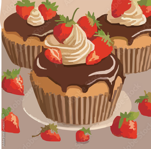 たくさんのイチゴと美味しそうなケーキ のベクターイラスト