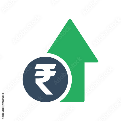 rupee coin with green up arrow, indian economic growth indicator, stock exchange market positive trend, rising income pictogram