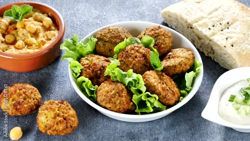 bowl of homemade fried falafel, dipping sauce, hummus and bread
