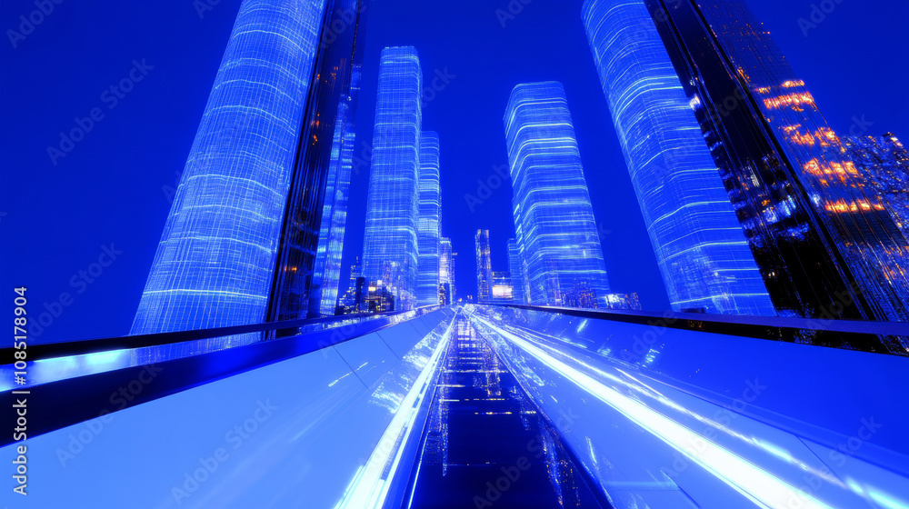 Fototapeta premium 3D futuristic cityscape skyscrapers with neon lights and holographic road blue background. glossy glass texture reflection technology urban landscape wallpaper