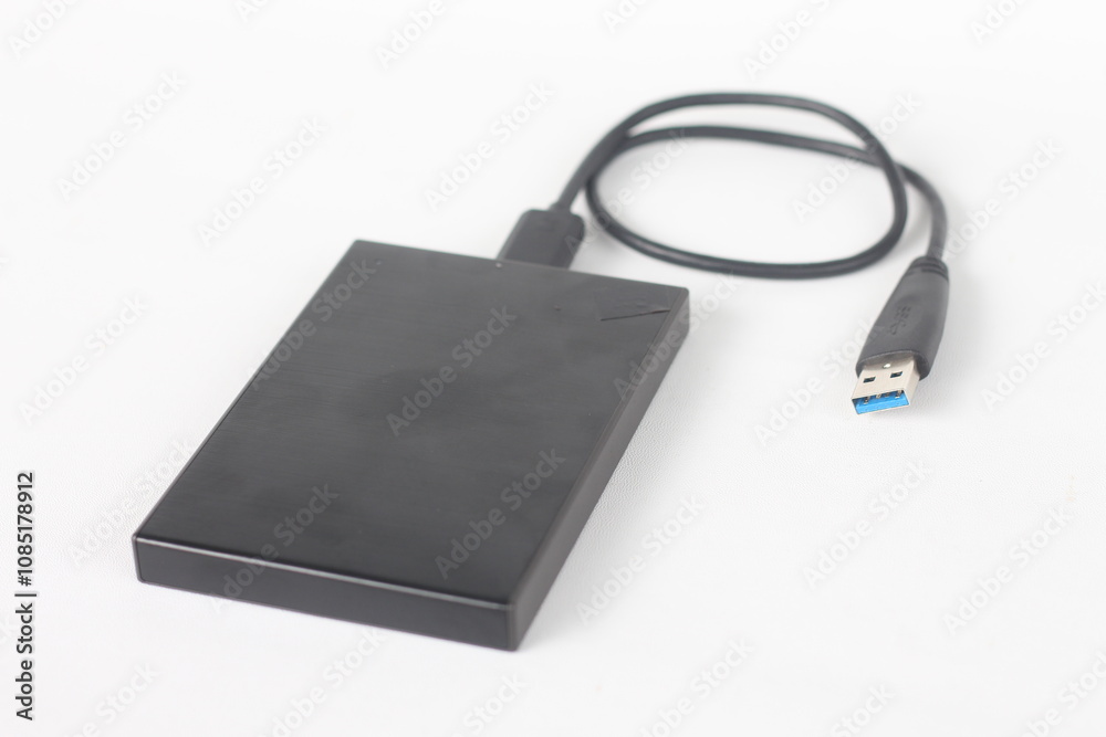 External Hard Disk drive with usb cable isolated on white background. External HDD with usb connector External Hard Disk drive with usb cable isolated on white background. External HDD with usb connector