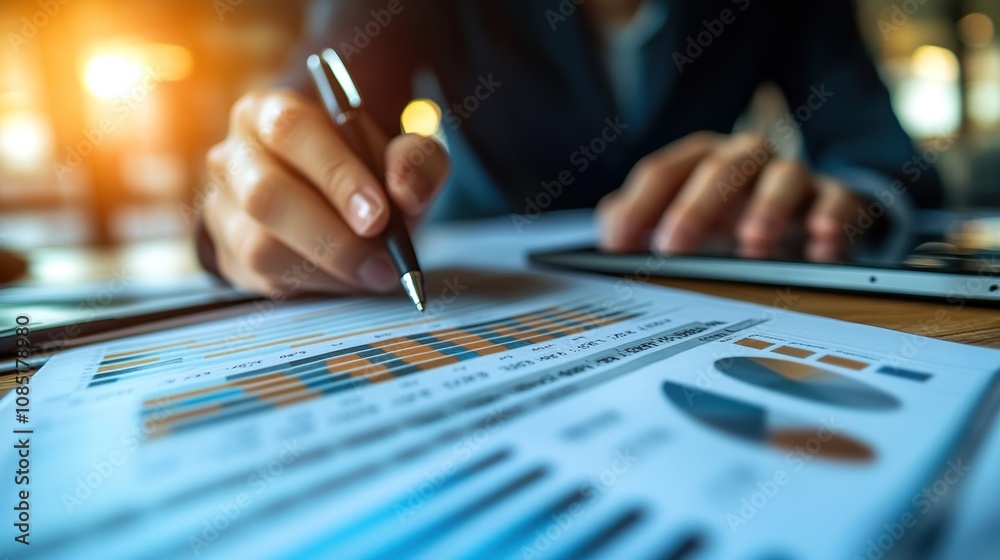 A person analyzing financial charts and data on a desk with a tablet and smartphone. A person analyzing financial charts and data on a desk with a tablet and smartphone.