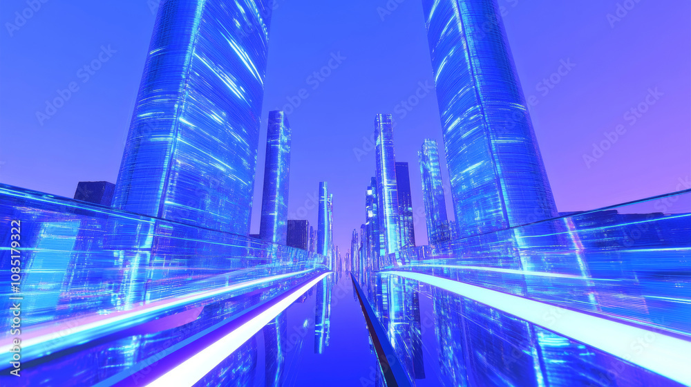 Fototapeta premium 3D futuristic cityscape skyscrapers with neon lights and holographic road blue background. glossy glass texture reflection technology urban landscape wallpaper