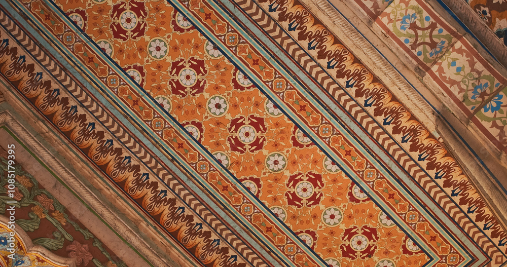 Jaipur, Rajasthan, India. Patrika Gate at Jawahar Circle. Interior inside, many Colorful ornament patterns on old walls. old Pink city. Celling in ornament