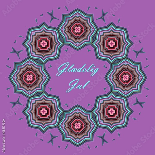 illustration circulaire  avec souhait de Noël multicolore composée de 8 motifs sur fond lilas  