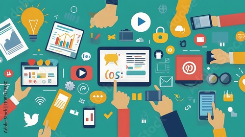 Illustration of marketers planning campaigns using digital tools and social media platforms 