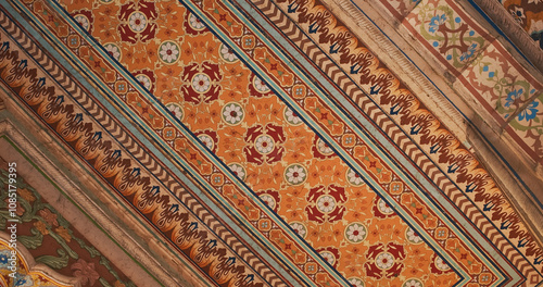 Obraz na płótnie Jaipur, Rajasthan, India. Patrika Gate at Jawahar Circle. Interior inside, many Colorful ornament patterns on old walls. old Pink city. Celling in ornament w salonie