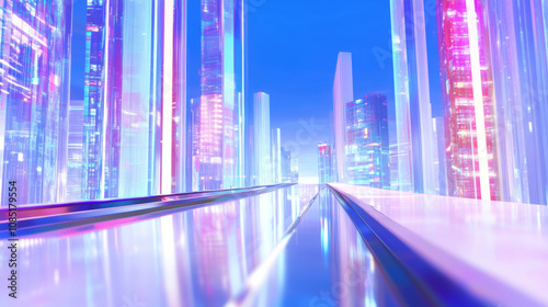 3D futuristic cityscape skyscrapers with neon lights and holographic road blue background. glossy glass texture reflection technology urban landscape wallpaper