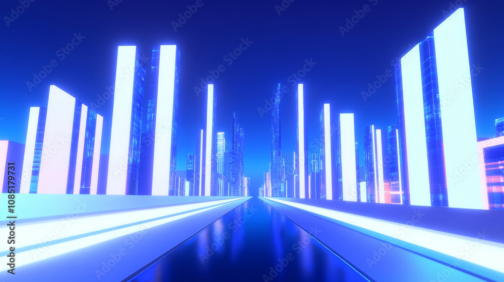 3D futuristic cityscape skyscrapers with neon lights and holographic road blue background. glossy glass texture reflection technology urban landscape wallpaper 3D futuristic cityscape skyscrapers with neon lights and holographic road blue background. glossy glass texture reflection technology urban landscape wallpaper