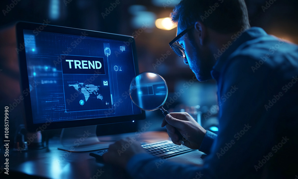 A person intensely studies a computer screen displaying a world map and the word trend A person intensely studies a computer screen displaying a world map and the word trend