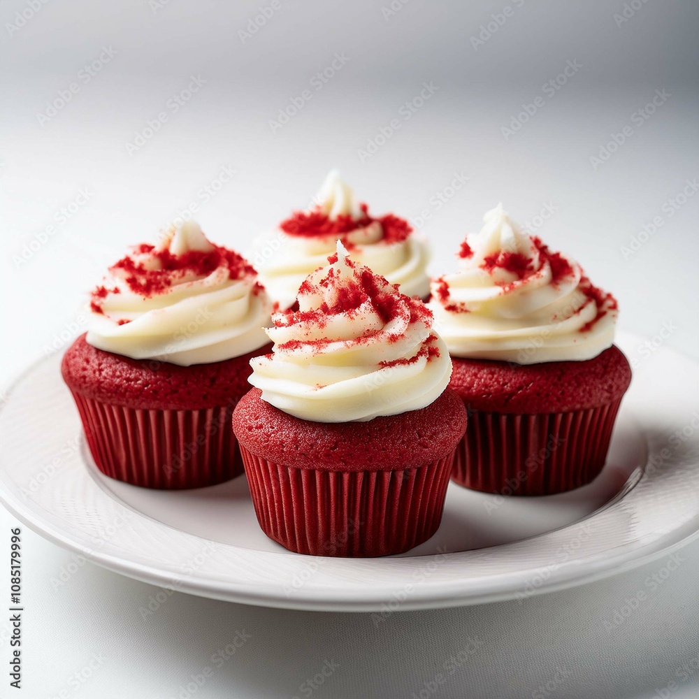 Red velvet cupcakes with cream cheese frosting white plate and white background