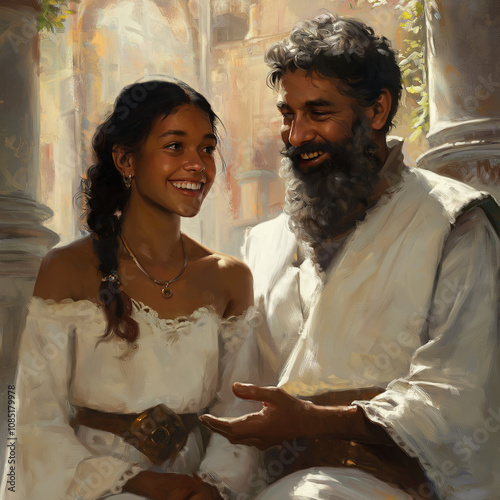 A beautiful smiling mixed-race women in blue tunic with her bearded uncle in a a white tunic chatting, AI Generated