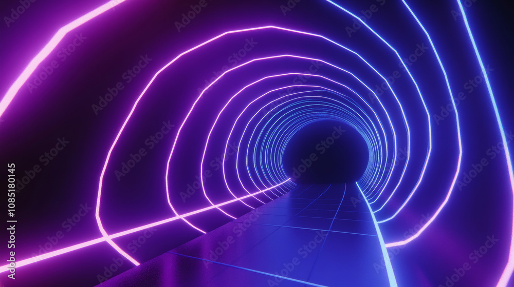 3D abstract neon light trail technology virtual reality corridor tunnel background. cyberpunk futuristic fashion vibrant line and shape geometric blue purple glow dark club bar concert wallpaper 3D abstract neon light trail technology virtual reality corridor tunnel background. cyberpunk futuristic fashion vibrant line and shape geometric blue purple glow dark club bar concert wallpaper