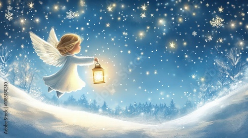 A whimsical Christmas illustration of a little angel flying over a winter landscape, holding a shining lantern. The angel lights up the snow-covered ground