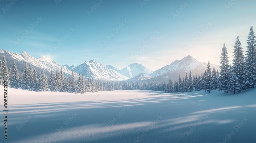 A wide, open winter landscape with snow-covered mountains in the distance, pine trees casting long shadows on the snowy ground, and a soft blue sky stretching across the horizon. 