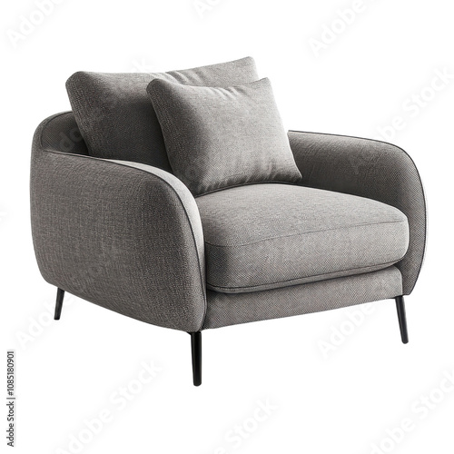 modern gray armchair with plush cushions, perfect for cozy living spaces. Its sleek design and comfortable seating make it ideal addition to any room