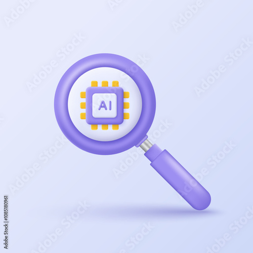 3D AI-search icon. A magnifying glass with AI chip processor.  3D design of Searching or finding and analysis by Machine learning. Artificial intelligence technology.  Vector illustration.