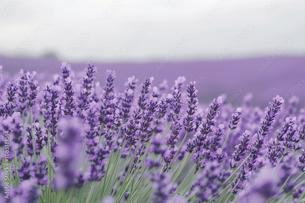 Naklejka premium Vibrant Lavender Fields Under a Soft Cloudy Sky
