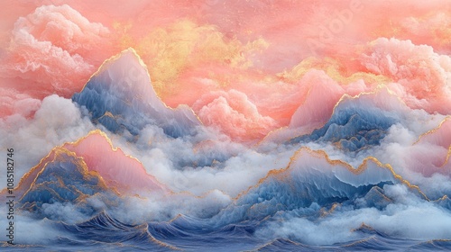3D Chinese landscape painting style mural wallpaper, pink and blue waves, golden lines, mountains and clouds, pink background, exquisite details