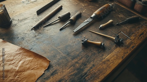 Precisely organized leatherworking tools on a vintage workbench, leather punches and cutting tools arranged around a piece of hide, Classic craftsmanship style photo