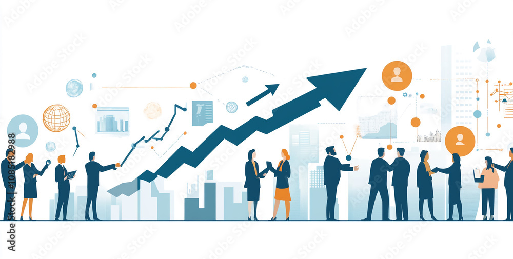 Silhouetted business people interact near an upward trending graph