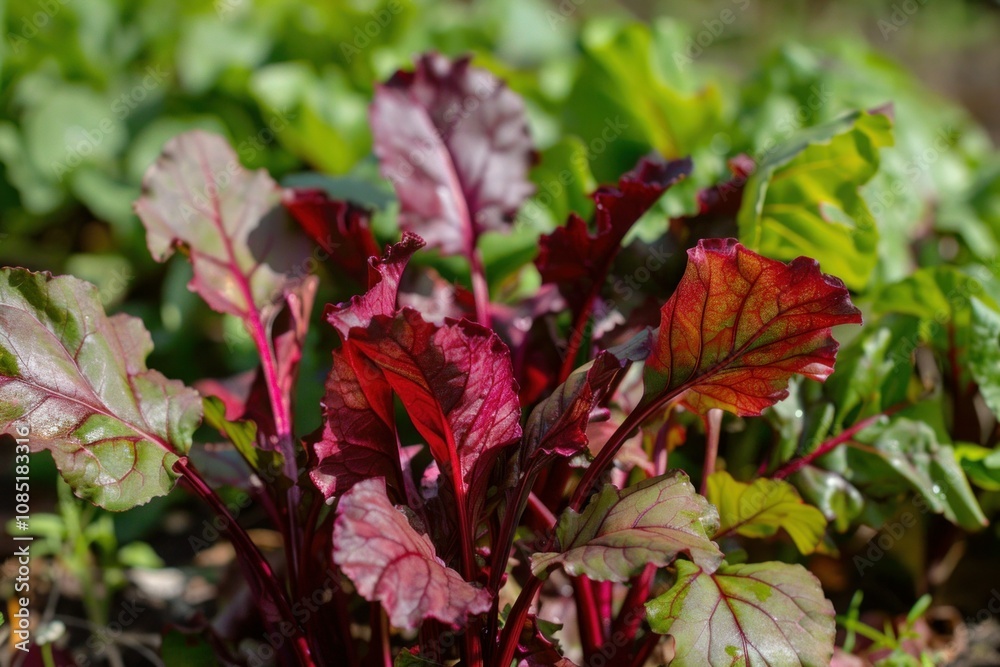 Vibrant red beet greens flourishing in a sunny vegetable garden, surrounded by lush greenery Vibrant red beet greens flourishing in a sunny vegetable garden, surrounded by lush greenery