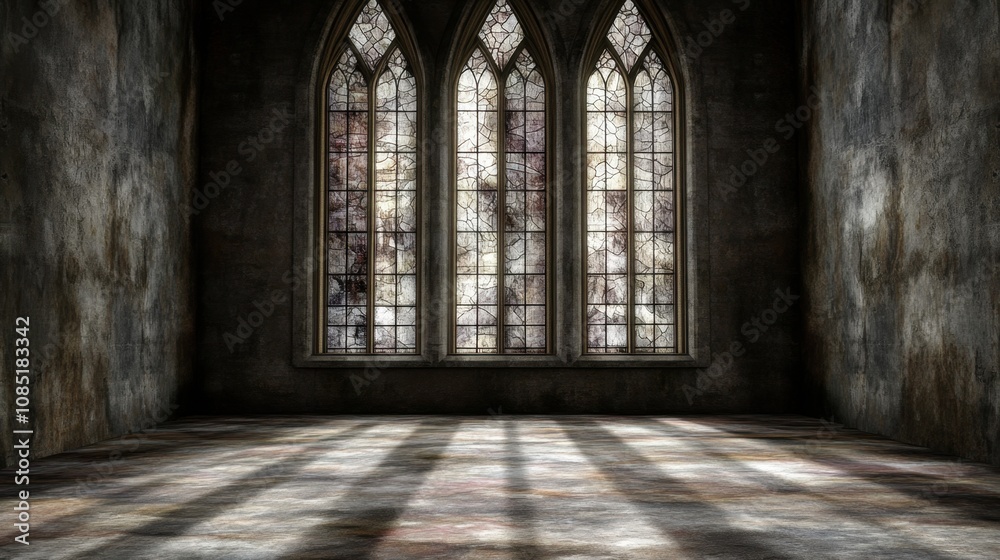 Fototapeta premium Elegant tall stained glass window in a vintage room, intricate patterns, sunlight streaming through, and ample copy space