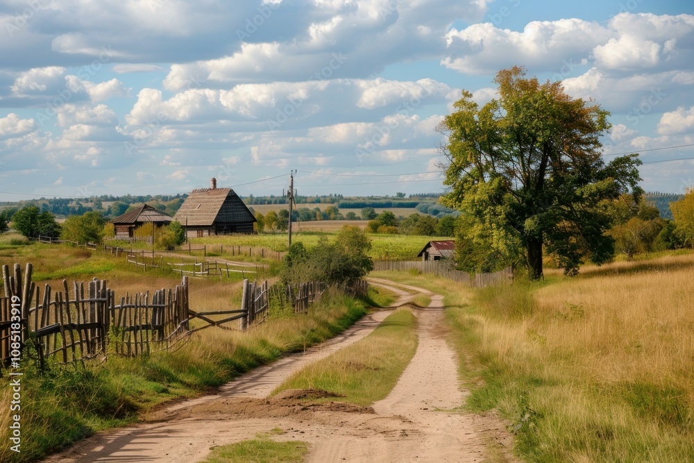 Dirt road is leading towards old wooden countryside houses on a sunny summer day Dirt road is leading towards old wooden countryside houses on a sunny summer day