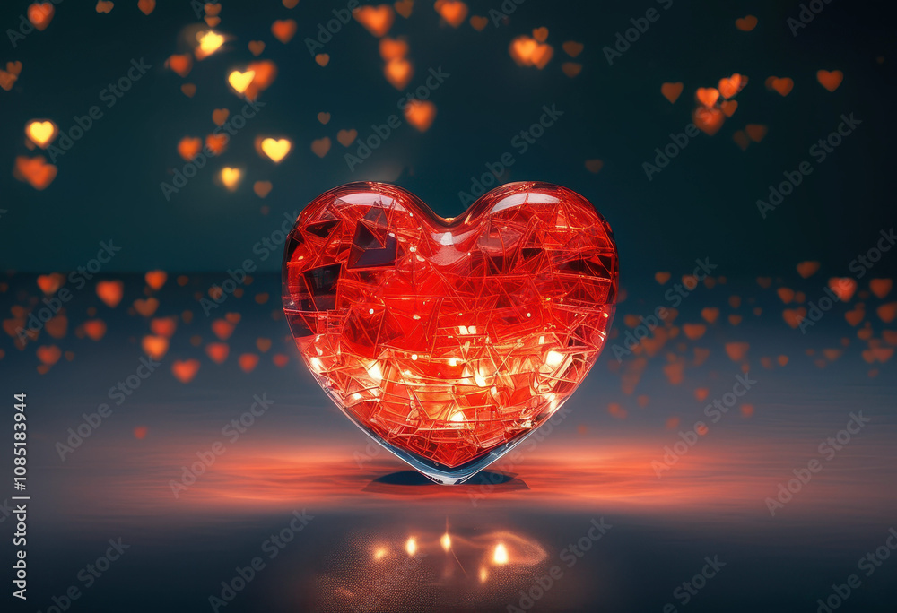 Glass red heart glows from within. Golden bokeh lights on dark background Glass red heart glows from within. Golden bokeh lights on dark background