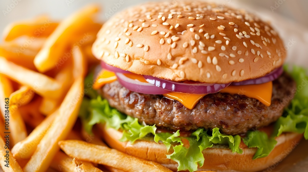 Delicious Burger and Crispy Fries Combo, Isolated Delicious Burger and Crispy Fries Combo, Isolated