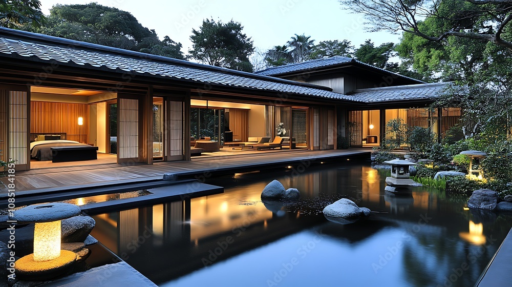 Tranquil modern home with a serene garden and pond at dusk. Tranquil modern home with a serene garden and pond at dusk.