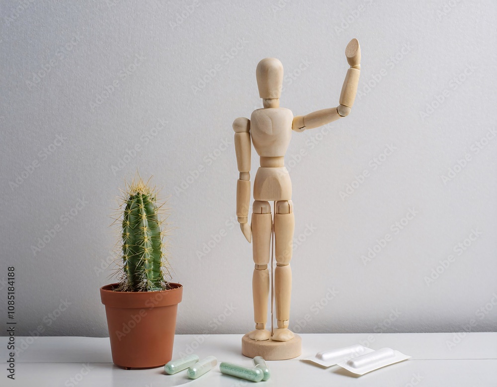 wooden human figures, cactus plants and hemorrhoidal suppositories on a light background wooden human figures, cactus plants and hemorrhoidal suppositories on a light background