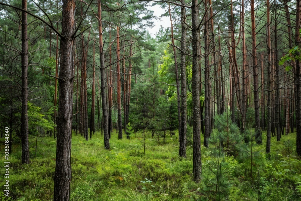 Green plants and ferns are growing on the forest floor between tall pine trees Green plants and ferns are growing on the forest floor between tall pine trees
