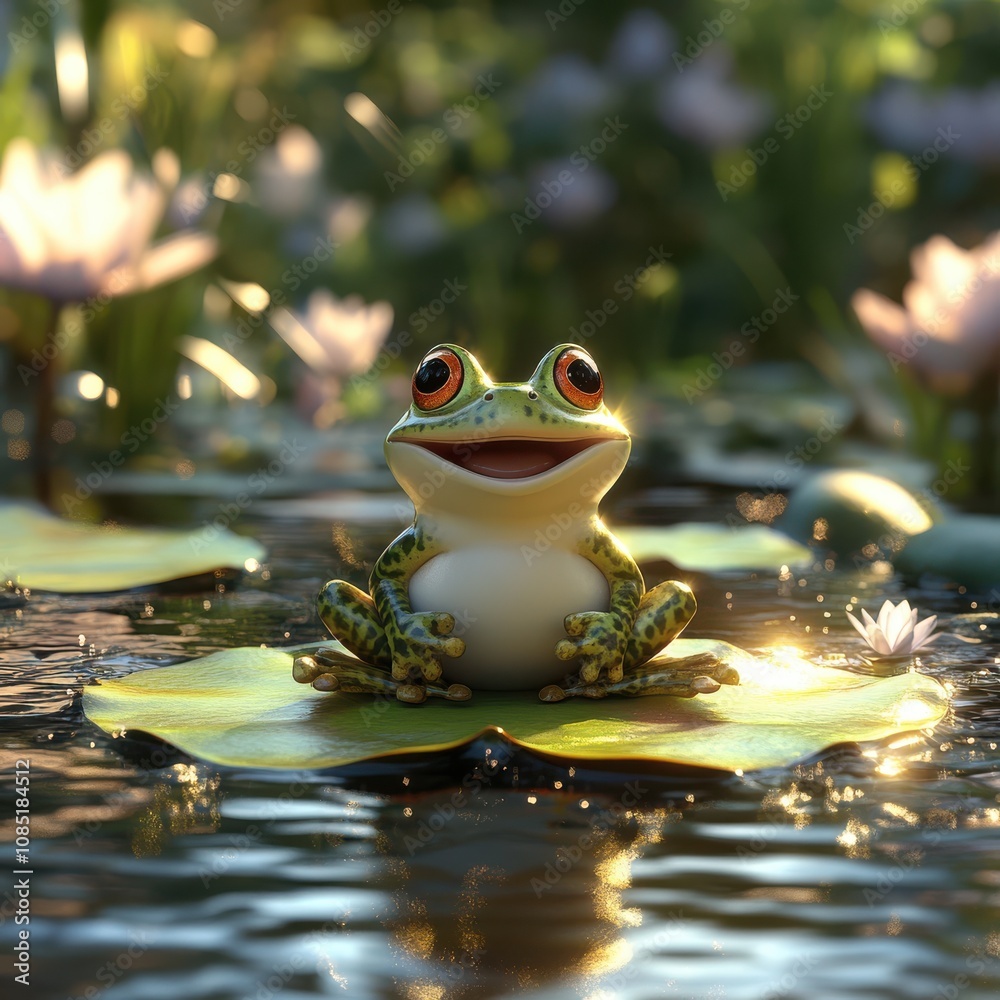 Smiling Frog on Lily Pad in Sunlight
Smiling Frog on Lily Pad in Sunlight