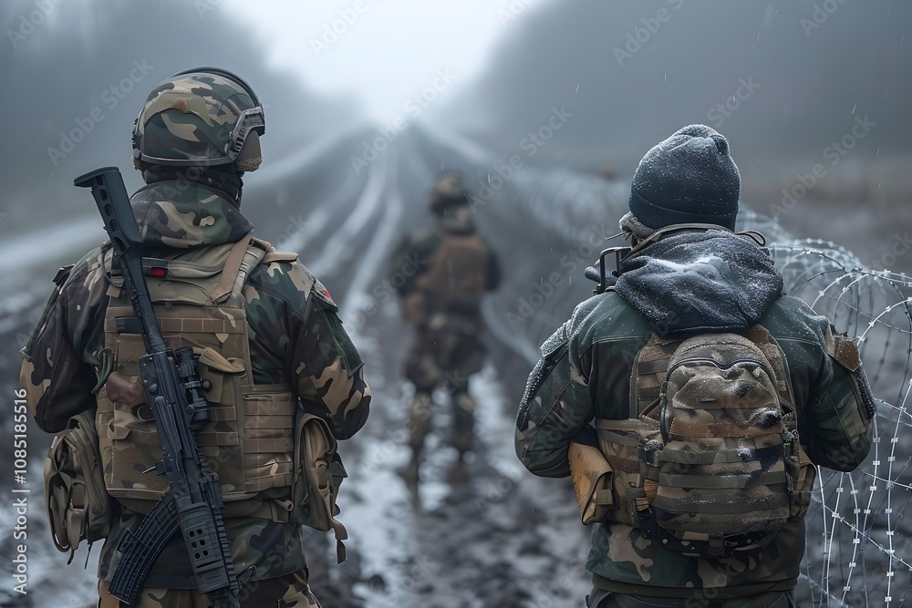 Military Patrol in Foggy Terrain with Barbed Wire Fencing for Security Operations Military Patrol in Foggy Terrain with Barbed Wire Fencing for Security Operations