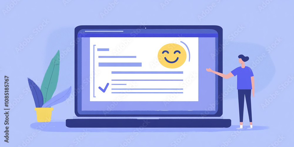 A person stands next to a laptop displaying a completed online survey A person stands next to a laptop displaying a completed online survey