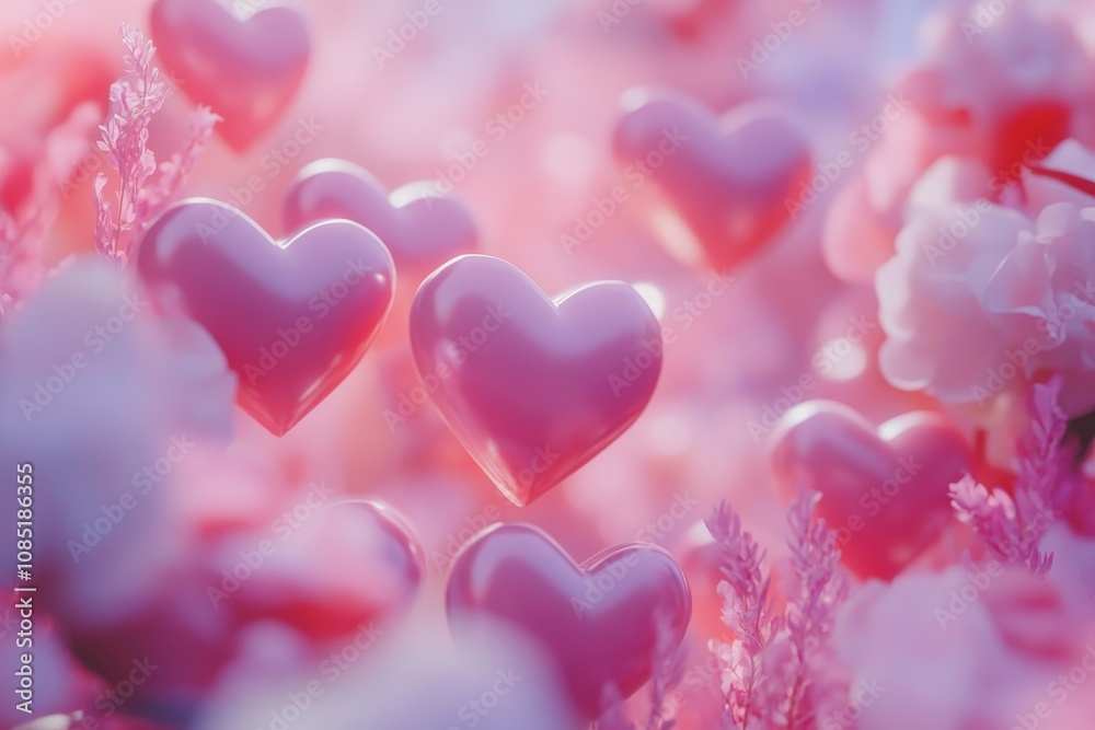 Pink Hearts Floating in a Dreamy Floral Setting - Romantic, delicate, love, Valentine's Day, spring