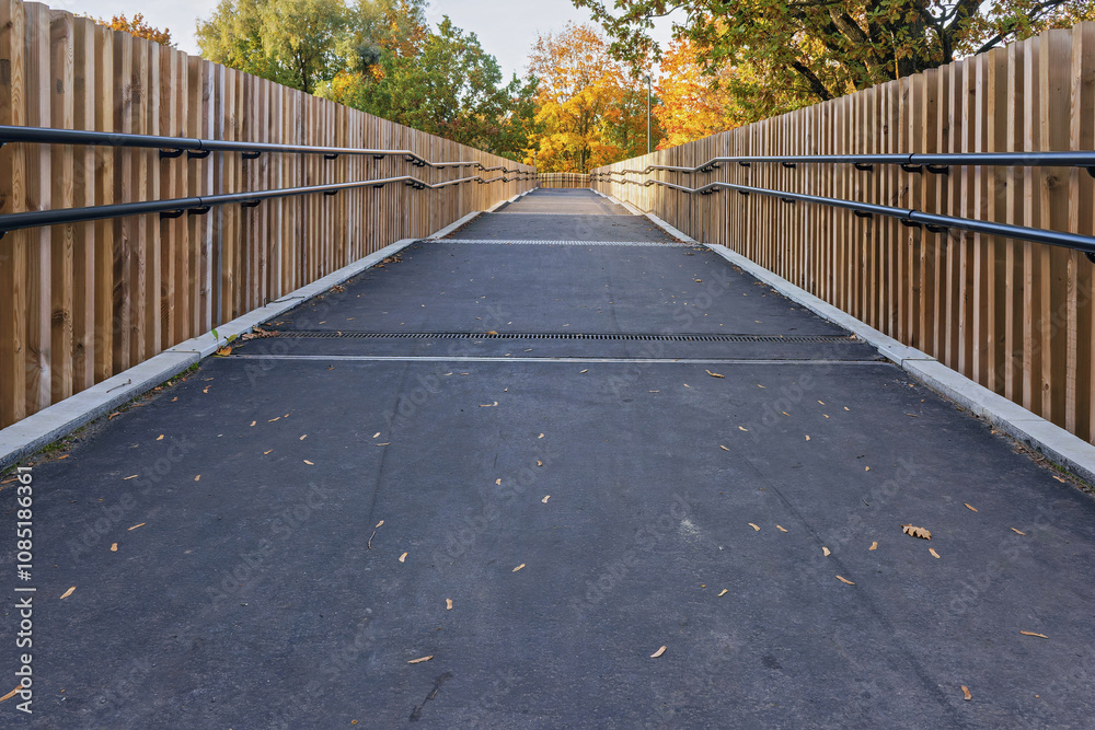 A quiet pathway surrounded by trees leads to serenity during fall in a park A quiet pathway surrounded by trees leads to serenity during fall in a park