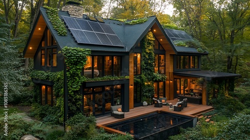 Modern eco-friendly house surrounded by lush greenery and solar panels.