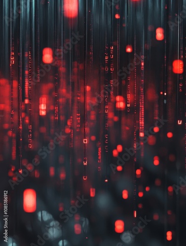 Red Binary Code Rain Abstract - Digital rain, binary code, abstract art, technology, data stream. Symbolizes innovation, technology, data flow, digital transformation, future.