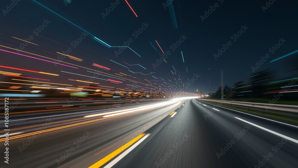 Digital data flow on road with motion blur to create vision of fast speed transfer . Concept of future digital transformation , disruptive innovation and agile business methodology . Digital data flow on road with motion blur to create vision of fast speed transfer . Concept of future digital transformation , disruptive innovation and agile business methodology .